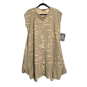Samuel Dong Tan Textured Button Down A-Line Shift Short Dress M Flowy Lagenlook